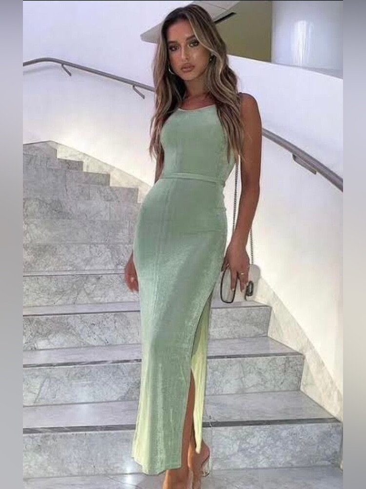 White Fox Boutique Sage Green Backless Maxi Dress With Side Slit